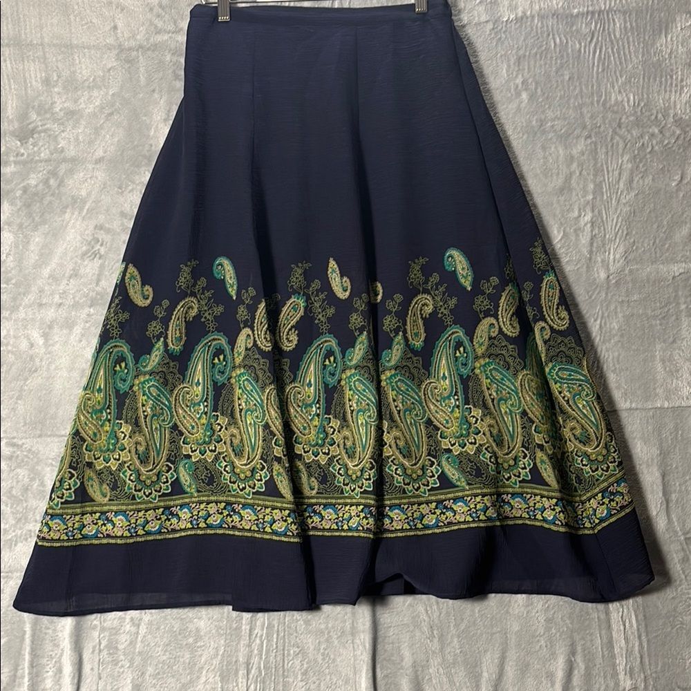 Alfred Dunner Textured Navy Green Paisley Long Skirt Size 10